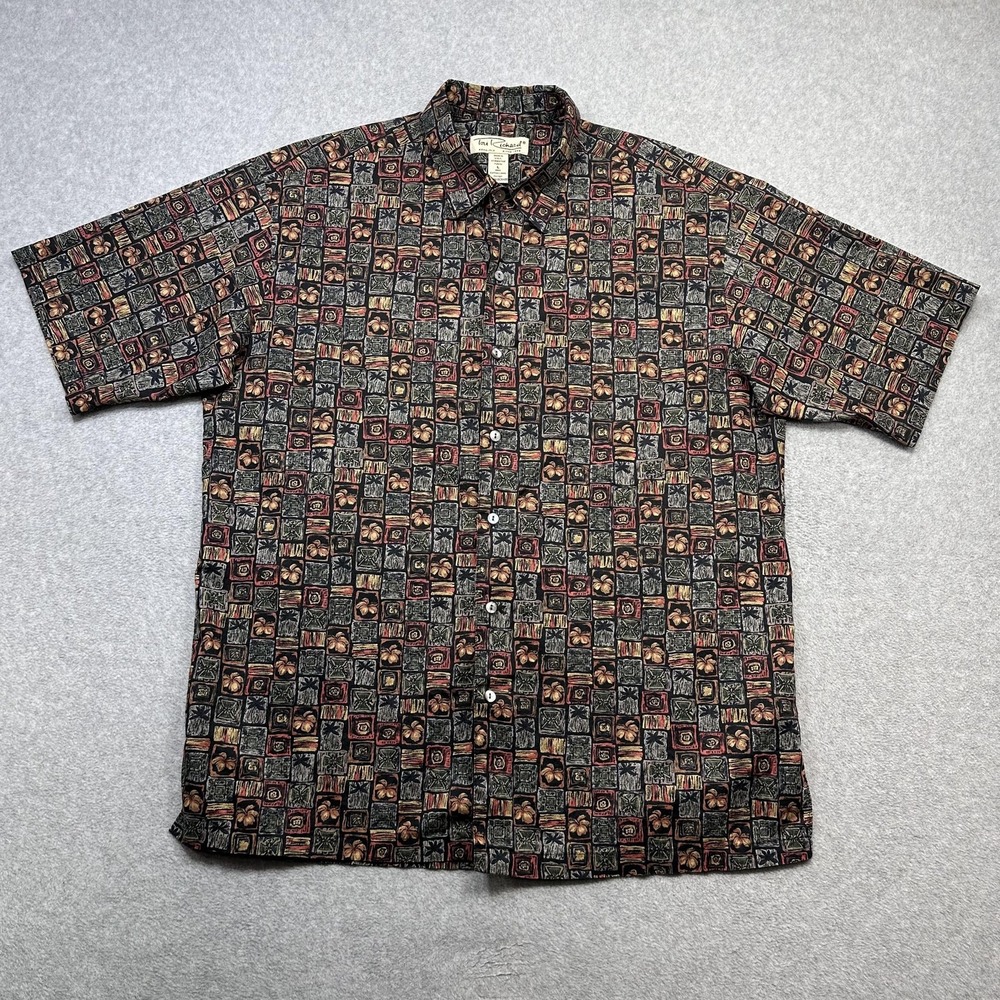 Tori Richard Shirt Mens Large Gray Red Geometric Hawaiian Cotton Lawn Tropical